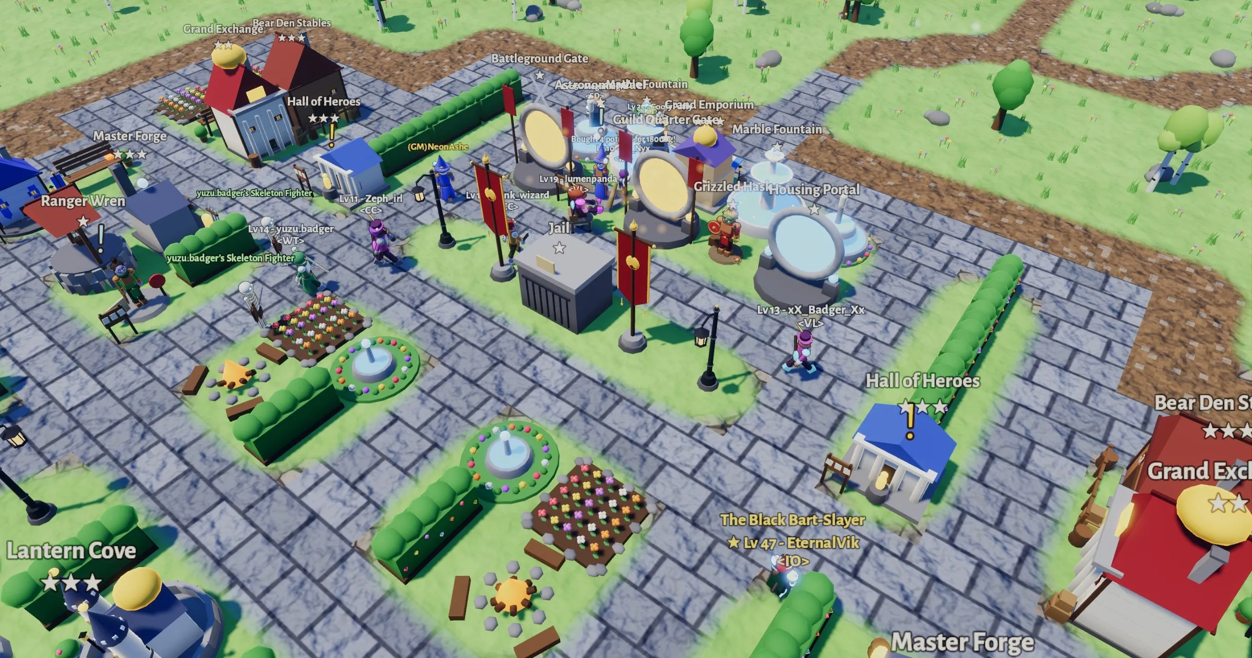 A busy fantasy town square with fountains, flower beds, a jail, portals and labelled buildings such as the Hall of Heroes and Master Forge, with players walking between them.