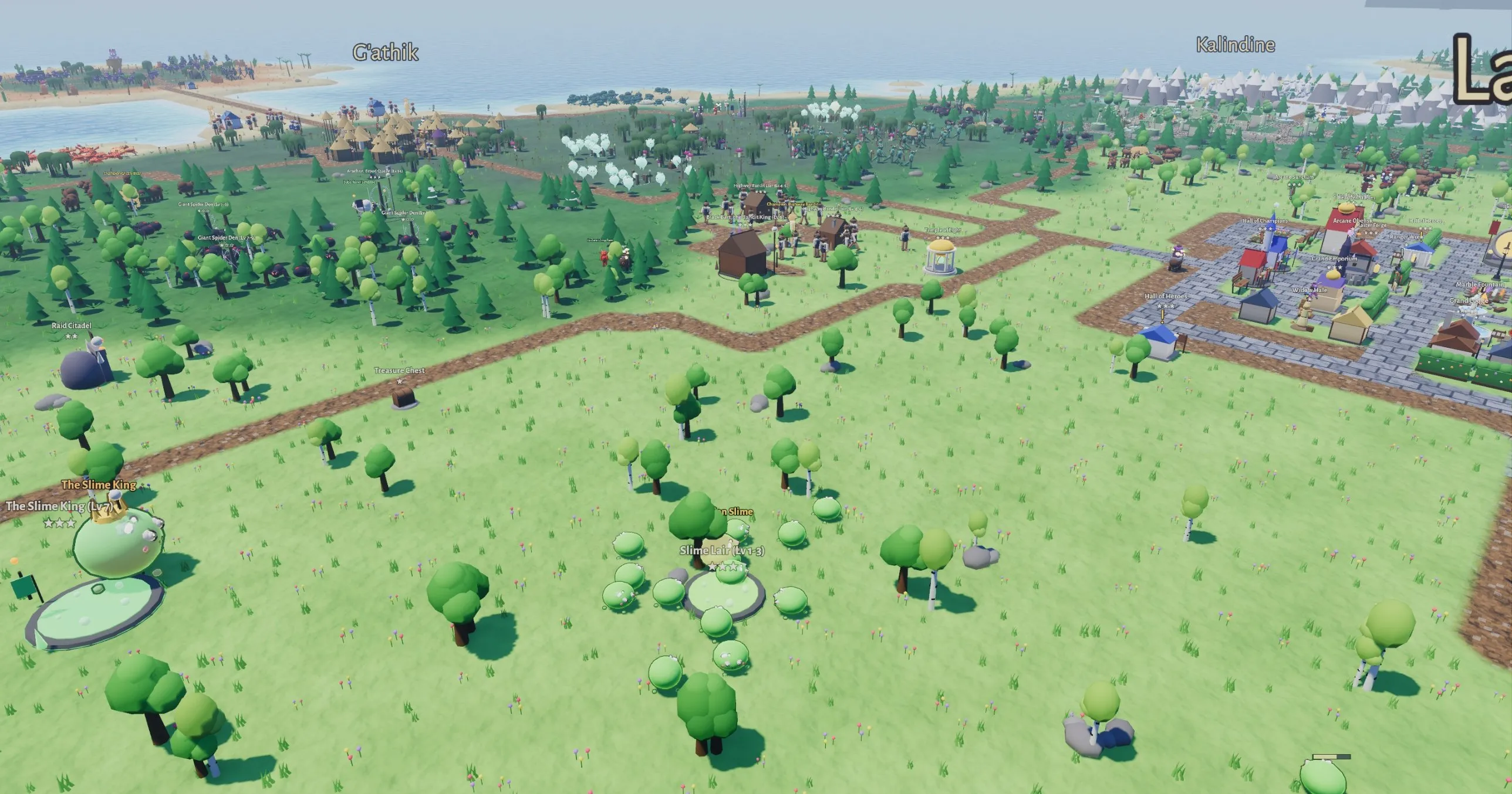 A wide view over green meadows full of slimes and trees, a forest of spider dens, a bandit camp and a town in the distance, with region names G'athik and Kalindine.