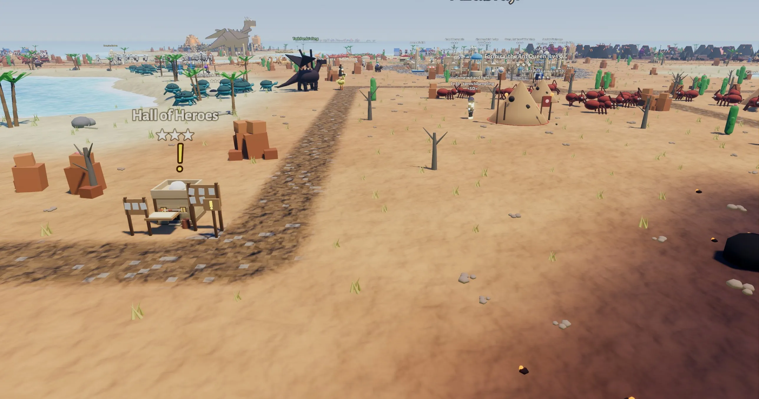A desert quest board marked Hall of Heroes beside a road, with giant ant hills, a dark dragon and a desert city in the distance.